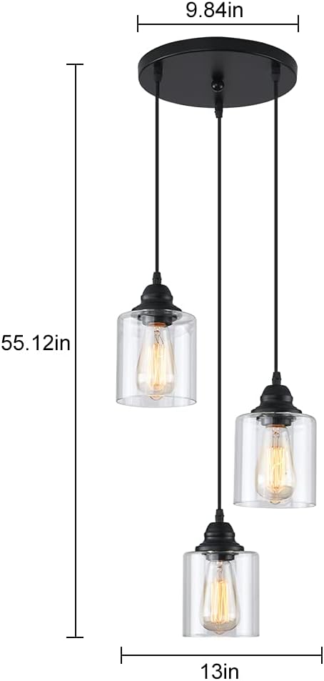 3 Lights Industrial Pendant Light with Glass Shade Matte Black Pendant Lighting Adjustable Industrial Retro Style Hanging Light,Kitchen Island Farmhouse Pendant Lights Fixtures for Kitchen,Farmhouse
