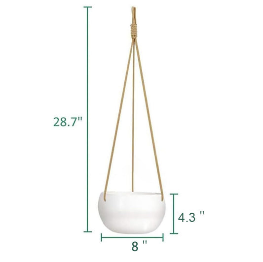 TIGKHAE Ceramic Hanging Planters for Indoor Outdoor Plants,8 in Modern Plant Pot Round Porcelain Hanger Basket with Rope Hanging Plant Holder Drainage Flower Pot for Herbs Ferns Ivy Pothos,White