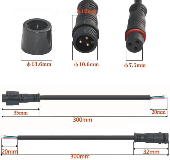 3pin Waterproof Connector,20AWG IP68 3Pin Male Female Plug LED Connector,with 30CM Extension Cable for Car,Indoor/Outdoor LED Strip Lights.