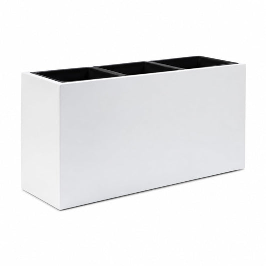 DEPLA LANE Trevano Fiberstone Rectangular Planter (26" L x 9.8" W x 15.7" H) Smooth Finish, Removable Inner Pots, Lightweight, Durable, UV Resistant, Minimalist Indoor Outdoor Plant Pot (M, White)