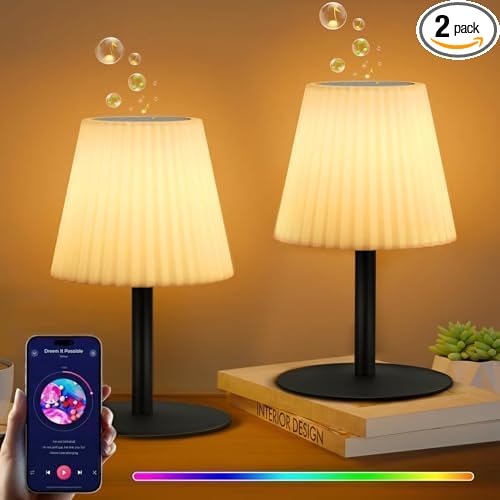 2 Pack Shower Lamp with Speaker IP44 Waterproof, Rechargeable Cordless Table Lamp RGB Color with Remote, LED Battery Operated Lights for Inside/Outdoor Bathroom Night Light Patio