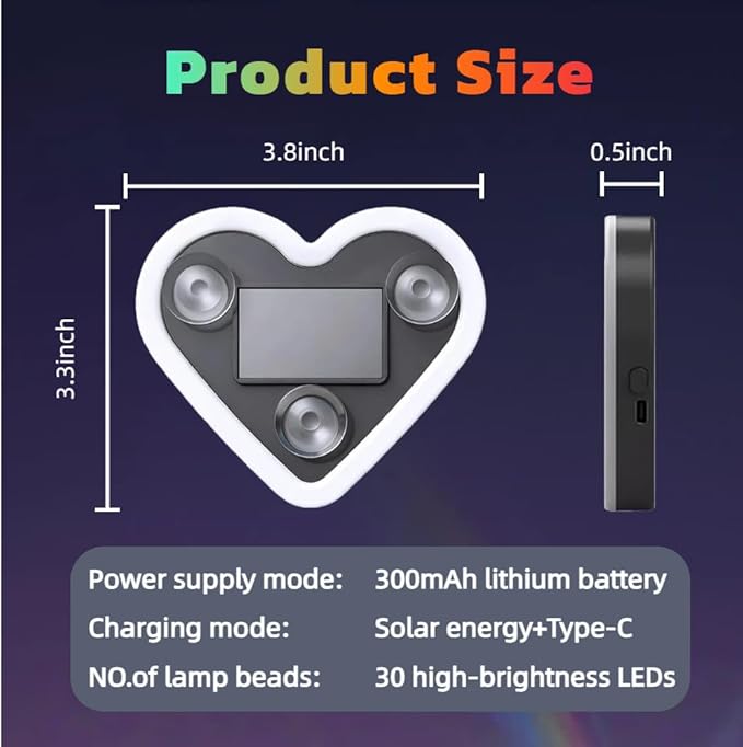 Car LED Ambient Lighting - 7 Colors 8 Modes RGB Solar Powered&USB Charging Heart-Shaped Neon Light for Window IP65 Waterproof Car Interior Light Decoration(2Pcs)