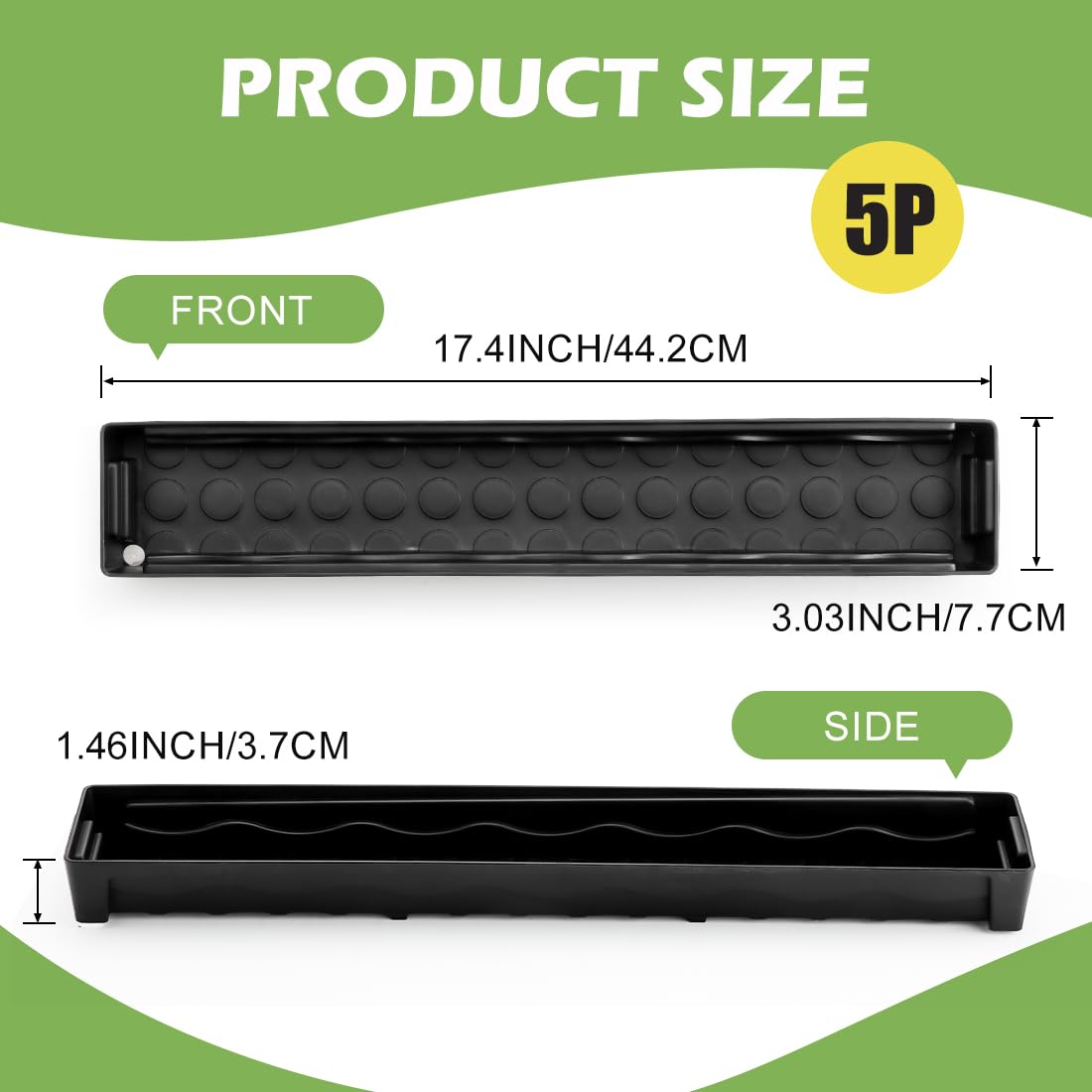 RooTrimmer 5 Pack Plastic Plant Saucer (17"x3"x1.5"), Rectangular Window Sill Plant Pot Trays with Removable Drainage Hole, Thick Windowsill Saucer Tray for 2.8 inch (7CM) Flower Nursery Pots (Black)