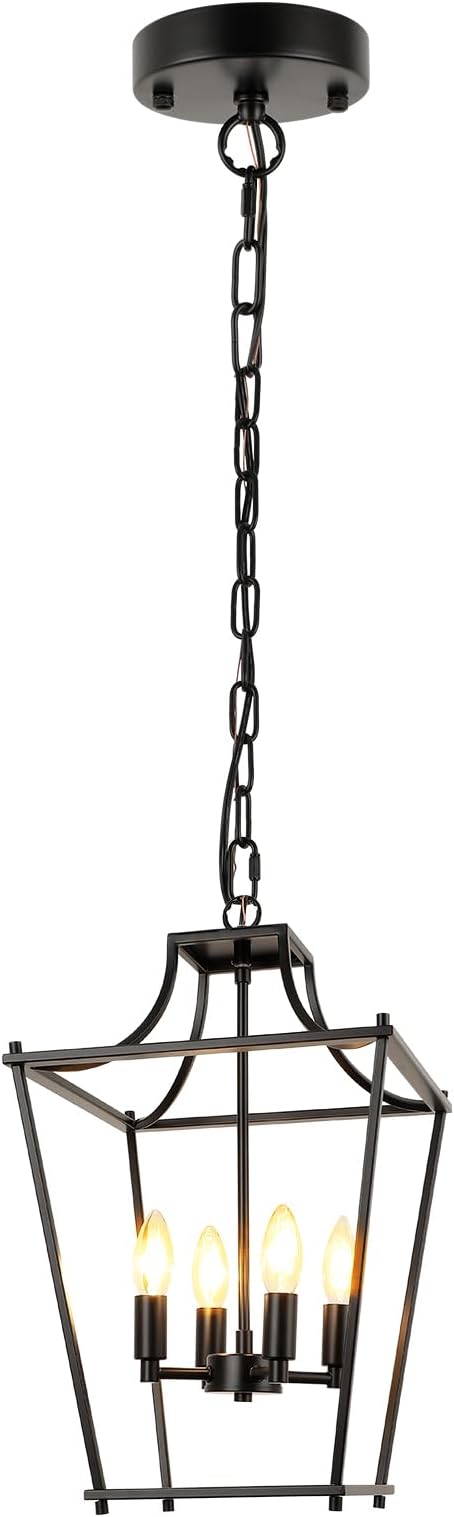 Black Lantern Pendant Light 4-Light Pendant Light Fixtures Hanging Farmhouse Chandelier with E12 Bulb Base, 12" Adjustable Lantern Light Fixture for Dining Room Kitchen Foyer