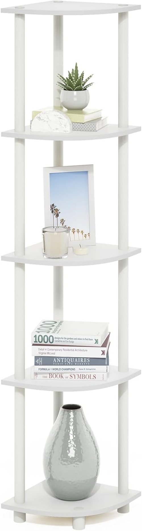 Furinno Turn-N-Tube Corner Shelf - 5-Tier Open Storage Bookshelf for Home Office & Living Room - White