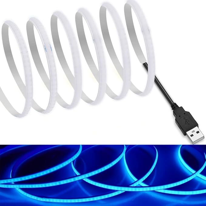 MDee】USB COB Tape Light LED Strip.9.84ft/3m- Flexible 5mm Hidden DC 5V LED Tape with 320 LEDs/m for Blue Lighting. Cuttable, Shapeable, USB Powered. Ideal for Kitchen