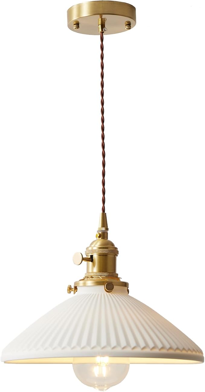 Vintage Industrial Ceramic Pendant Lights Fixtures - 6.56 FT Adjustable Hanging Wire, Brass Socket, E26/E27 Bulb Compatible, Modern Hanging Lamp Ideal for Kitchen, Dining, Bedroom (Hardwire)