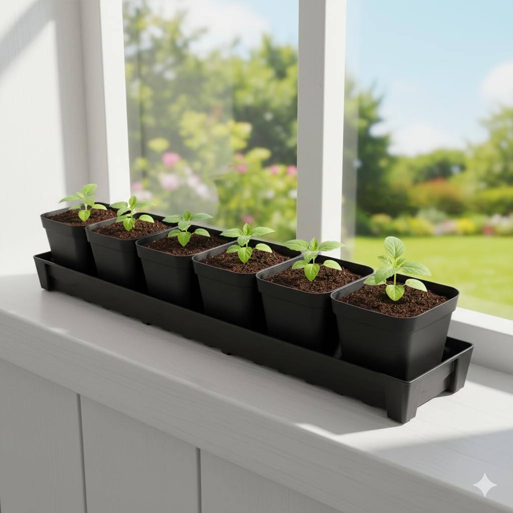 RooTrimmer 5 Pack Plastic Plant Saucer (17"x3"x1.5"), Rectangular Window Sill Plant Pot Trays with Removable Drainage Hole, Thick Windowsill Saucer Tray for 2.8 inch (7CM) Flower Nursery Pots (Black)