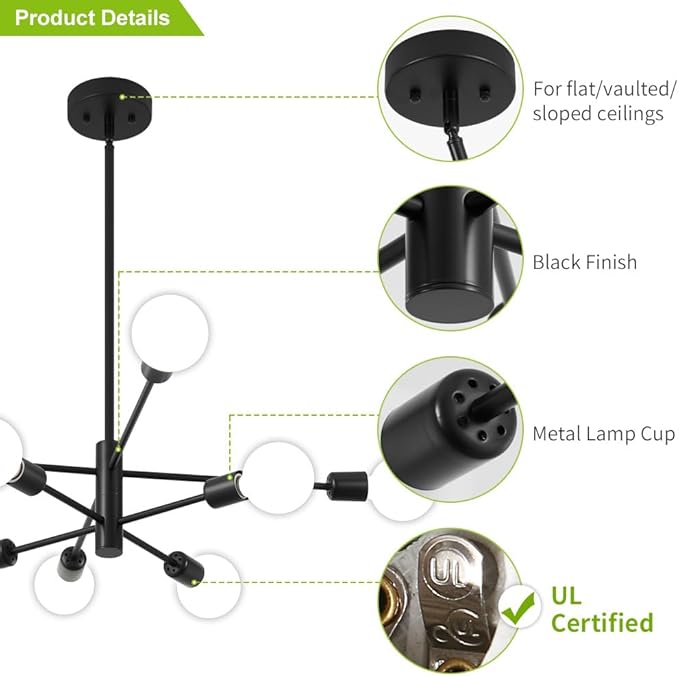 Sputnik Chandelier, Black Modern Industrial Chandeliers 8-Light, Mid Century Ceiling Lighting Fixture for Living Room, Kitchen, Bedroom, Dining Room, Farmhouse