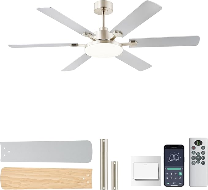 56 Inch Ceiling Fans with Lights, Large Modern Nickel Ceiling Fan with Light and Remote Control, 6 Double Sided Blades, 6 Speed DC Motor, Dimmable LED, Silent Timing, Indoor Outdoor Patio Use