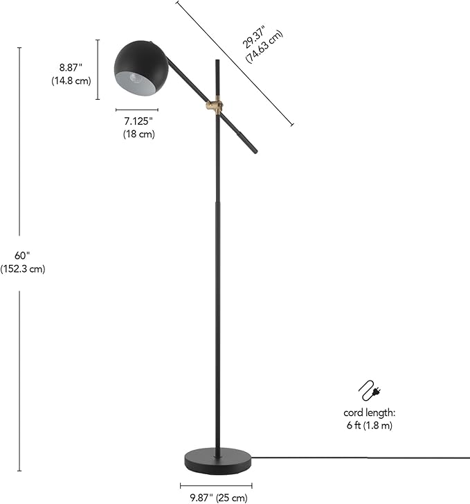 Globe Electric 65911 60" Floor Lamp, Matte Black, Brass Pivot, Metal Shade, in-Line On/Off Foot Switch, Adjustable Arm, 6-Foot Cord, Modern Standing Light for Living Room, Reading, or Office