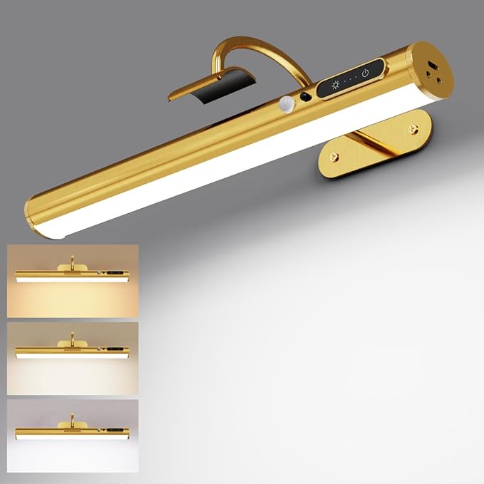 Motion Sensor Battery Operated Picture Light, Wireless Rechargeable Magnetic Art Wall Sconce with Remote Control, LED Picture Frame Lighting for Paintings Poster Mirror Portrait Gallery Dart (Brass)