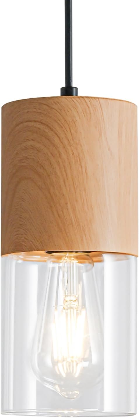 Modern Pendant Lights for Kitchen Island, Adjustable Pendant Light Fixtures with Raw Wood Grain, Industrial Clear Glass Pendant Lights for Dining Table Hallway Bedroom Living Room,1 Pack