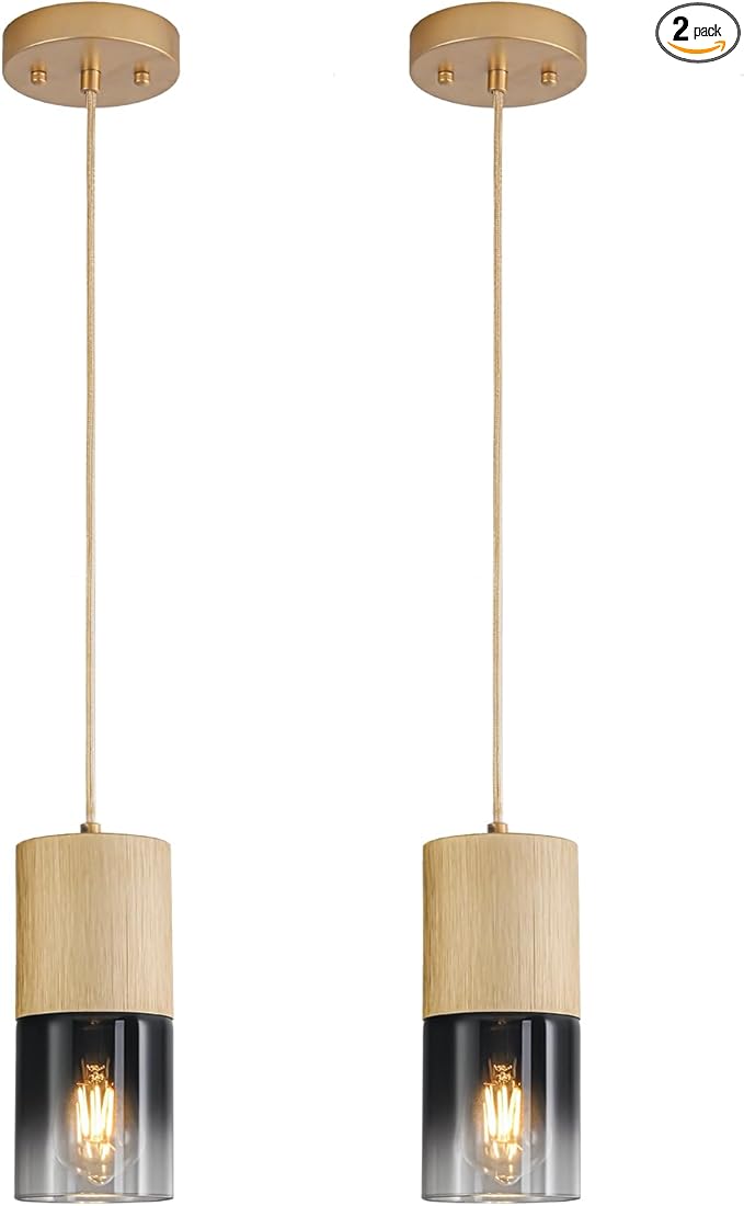 2-Pack Gold Pendant Light Fixtures, Adjustable Modern Black Pendant Lights for Kitchen Island, Industrial Glass Pendant Lights for Dining Table Hallway Bedroom Living Room
