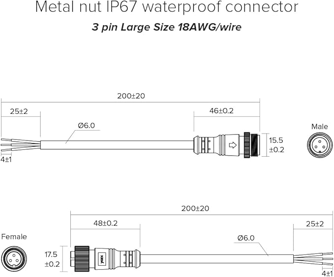 BTF-LIGHTING 3 Pin Electrical Metal nut Connector 18AWG IP67 Male Female Connector 7.87in/20cm Extension Cable for Car,Truck,Boat,Indoor/Outdoor LED Strip Lights/String 22mm Metal Nut Big Size