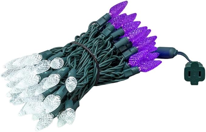 Novelty Lights 24FT 70 LED C6 Commercial Grade LED String Lights, Tree Decorations. Outdoor & Indoor usage, Permanent Christmas Lights. Pure White & Purple