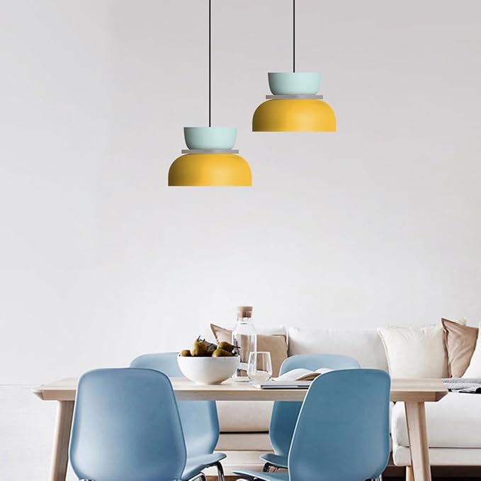 Macaron Kitchen Island Pendant Light Boho Yellow Blue Lamp Shade Mid Century Modern Hanging Light Fixtures Nordic Retro Hanging Pendant Light for Entrance Laundry Room Breakfast Nook