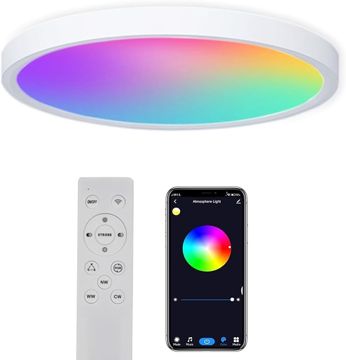 Smart LED Ceiling Lights RGBCW Color Changing Ceiling Light Compatible with Alexa Google Home Flush Mount Ceiling Lamp 24W Time Scheduler Dimmable for Living Room, Bedroom