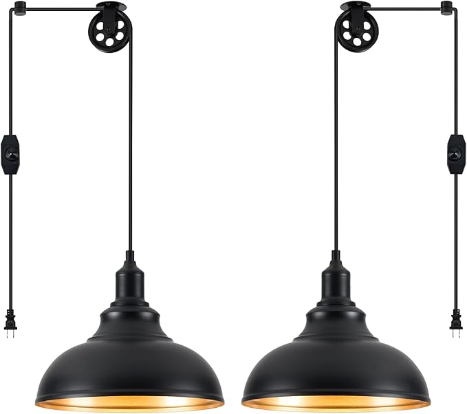 Black Pendant Light Hanging Lamps for Living Room Plug in 15FT Dimmable Switch Adjustable Pulley Hanging Lights with Cord for Kitchen Bedroom 2 Pack