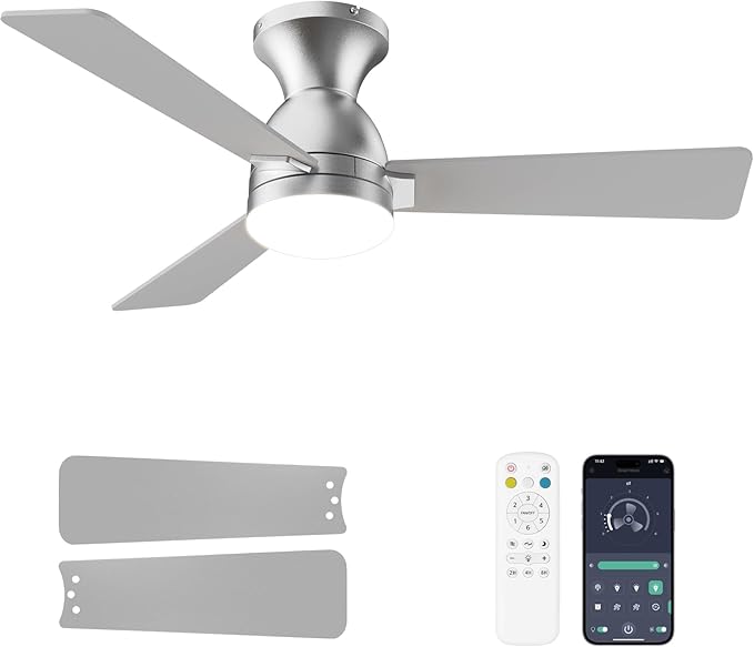 Ceiling Fans with Lights and Remote, 42 Inch Ceiling Fan with Light, Low Profile, Reversible, Dimmable LED, Flush Mount, Quiet, DC Motor, Nickel Ceiling Fan for Bedroom, Kitchen, Dining Room