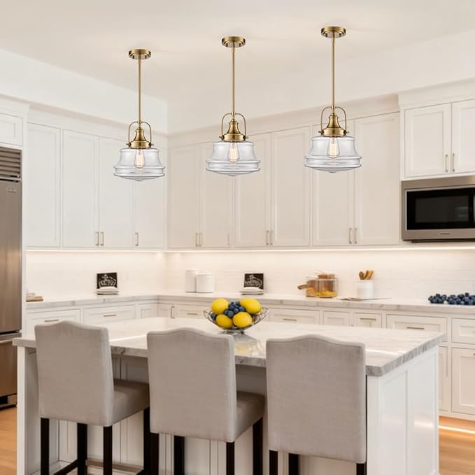 Modern Gold Kitchen Pendant Light Seeded Glass Shade-Rod Hanging Nautical Schoolhouse Dimmable Light for Dining Room Bathroom Hallway