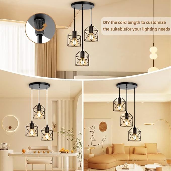 CANMEIJIA 3-Light Pendant Light Fixtures, Farmhouse Kitchen Island Light Fixture, Industrial Hanging Pendant Lighting for Dining Room Bedroom, Black Metal Cage Pendant, E26 Base, Bulbs Not Included