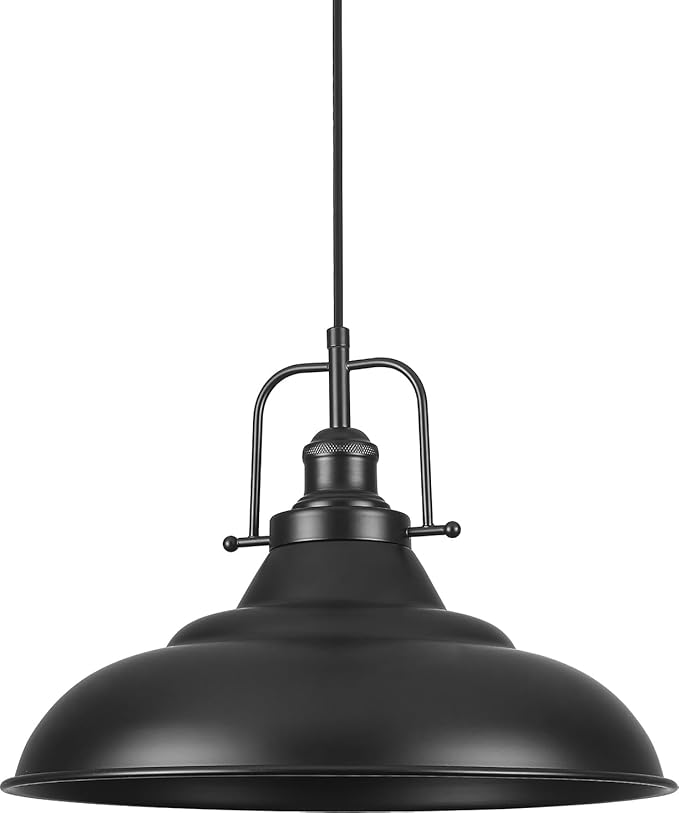Black Pendant Light,16 Inch Large Industrial Pendant Lights, Matte Black Pendant Lights Kitchen Island, Vintage Farmhouse Pendant Light for Kitchen Island, Dining Room, Hallway (1 Pack)