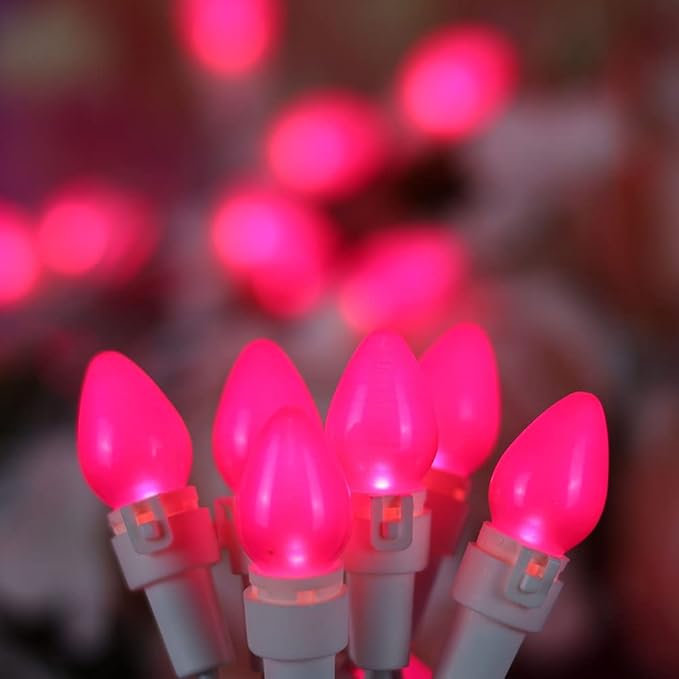 Christmas Pink Mini String Lights-50 Count 13 Feet Detachable LED Glass C3 Bulb Waterproof Fairy Lights Plug in for Indoor Outdoor Party Patio Xmas Tree Valentine’s Day White Wire