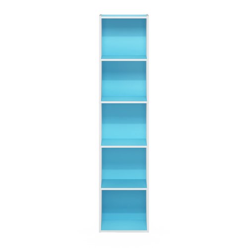 Furinno PASIR Book Shelf, 5-Tier Modern Bookshelf, Open Shelves Bookcase 9 x 12 x 52, Easy Assembly, for Living Room, Bedroom, Home Office, Light Blue/White