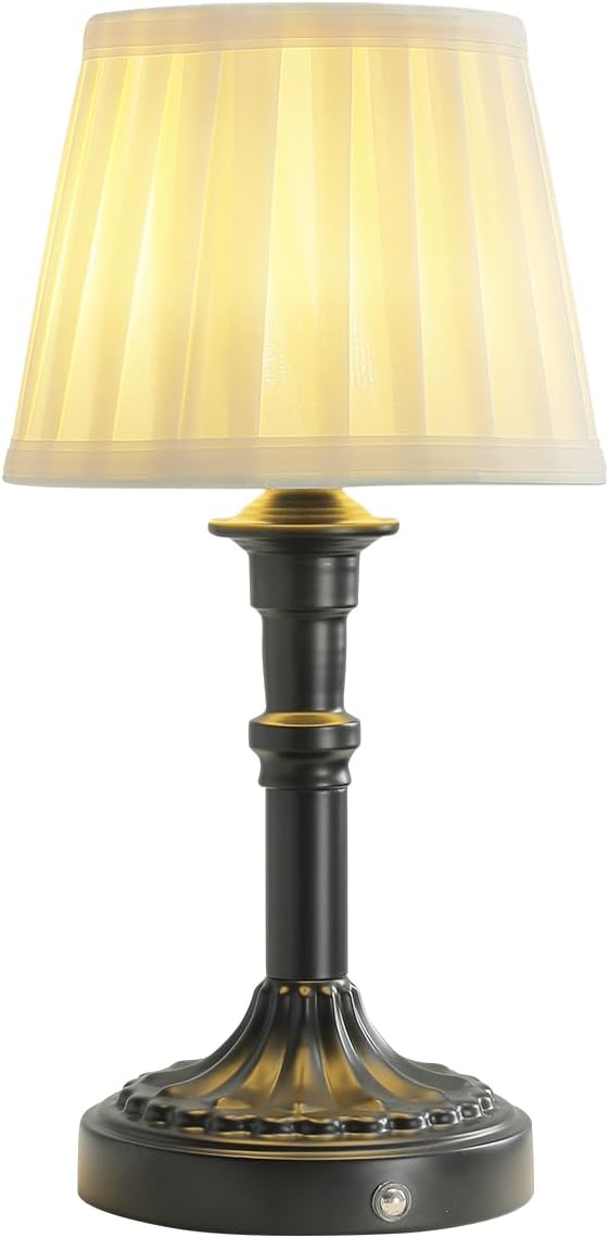 Cordless Table Lamp,Portable Fabric Shade LED Des Lamps,5200mAh Battery Operated,3 Color Stepless Dimming Up,for Restaurant, Bedroom, Camping, Bar, Coffee Shop, Night Light (Black)