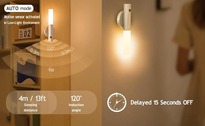 Wall Sconces, Smart Portable Sensor Night Light Wood USB Rechargeable Magnetic Night Light for Bedroom, Hallway, Stairway Wall Induction lamp (Walnut Wood 2PCS)