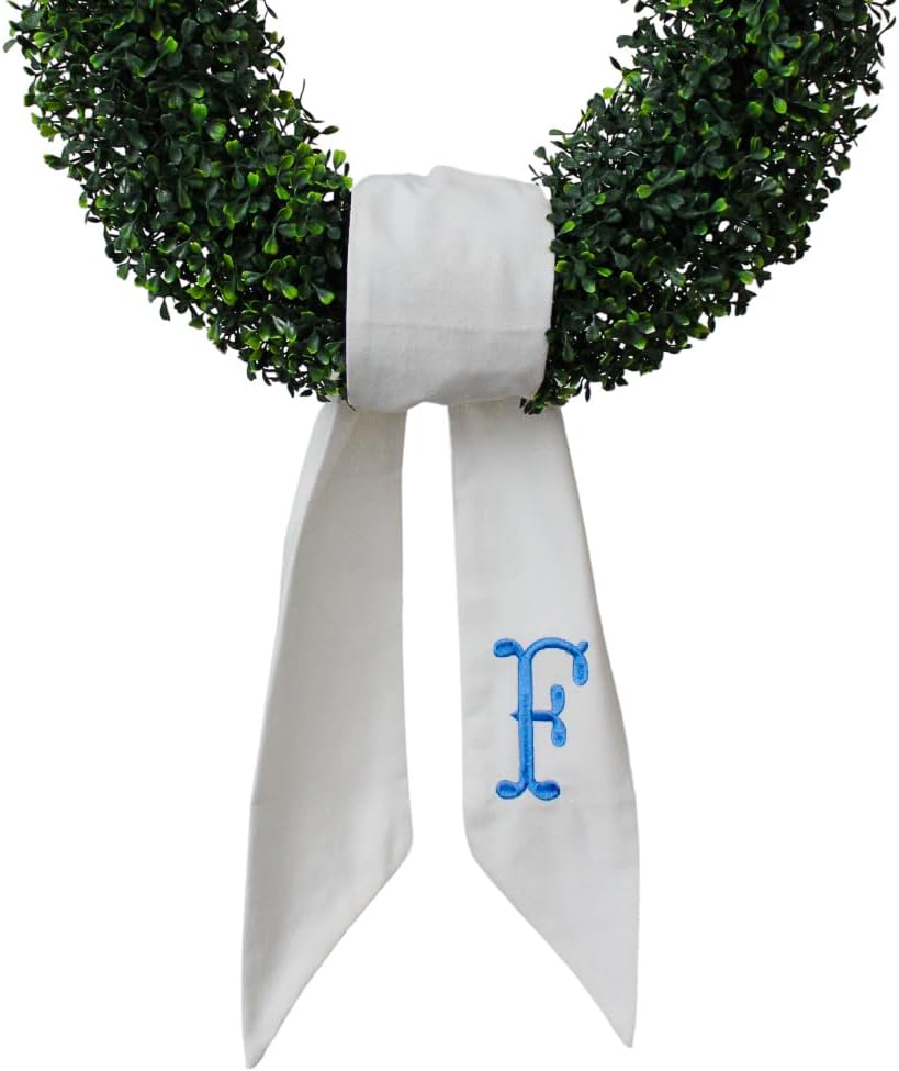 Monogram Wreath Sash - White Embroidered Linen Decor for Front Door | Perfect for Xmas, Weddings & Indoor/Outdoor Use