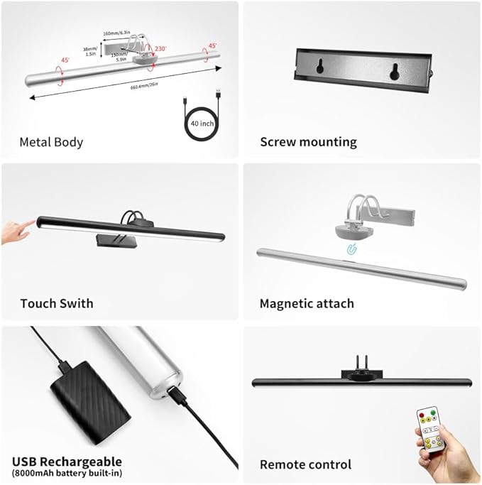 26" Wireless Picture Lights, Rechargeable Battery Art Display Light with Remote Control, Dimmable/Timer Off Dartboard Light, 3 Lighting Modes Full Metal Painting Display Lights(Black-1 Pack)