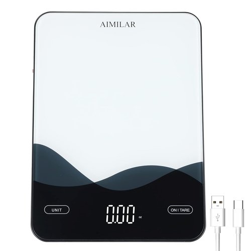 AIMILAR Digital Kitchen Scale - 22lb/10kg Capacity, USB-C Rechargeable, Easy Clean Glass Top, LED Touch Screen