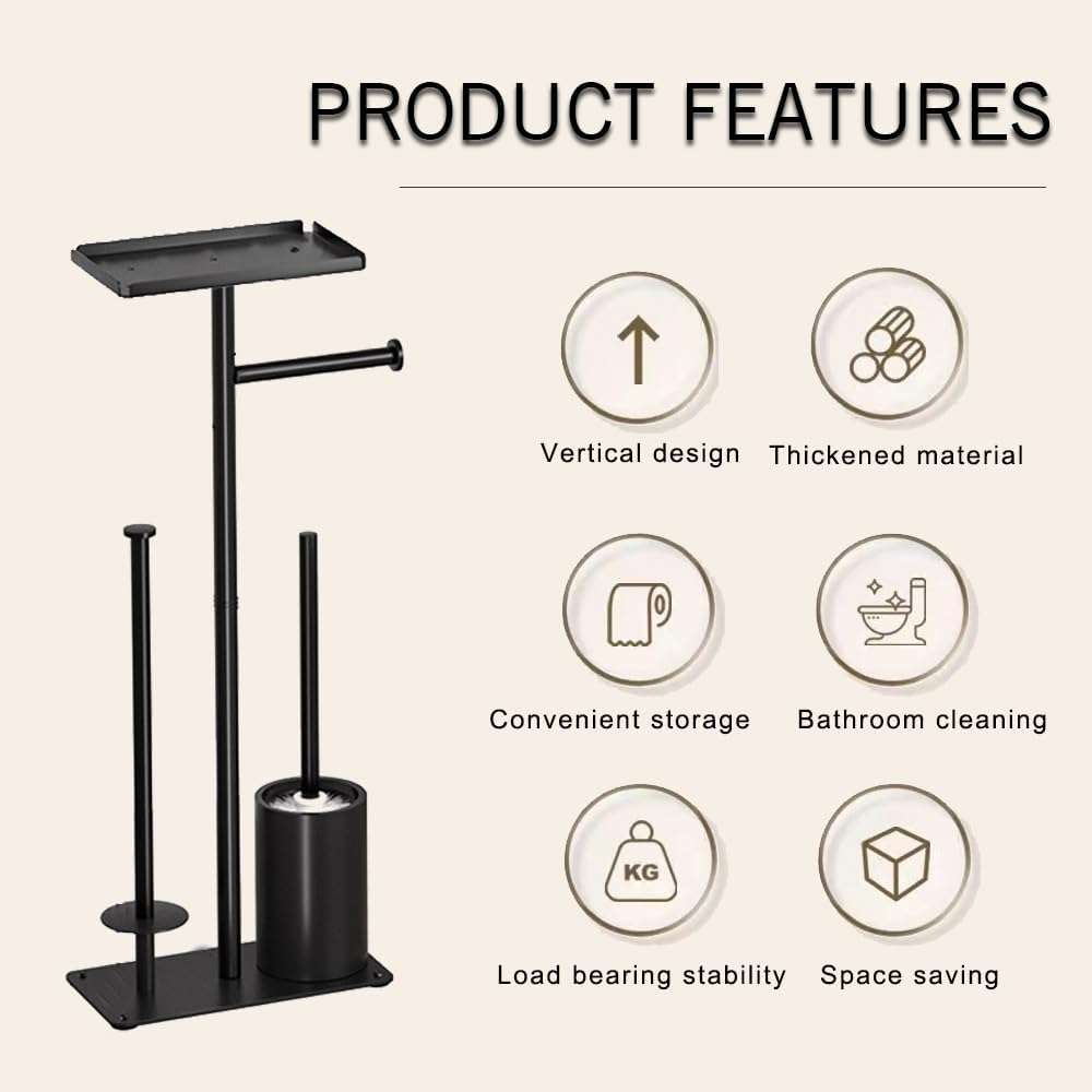 Rustproof Metal Toilet Paper Holder by [Brand Name] - Free Standing Design for 3 Rolls with Anti-Slip Base & Shelf for Phone, Black