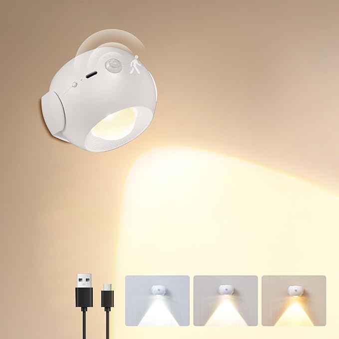 Motion Sensor Wall Light，350° Rotatable Brightness Adjustable Wireless Wall Light, 3 Color Modes Rechargeable Battery Operated Wall Lights for Bedroom, Hallway, Stairs, Closet, Bathroom