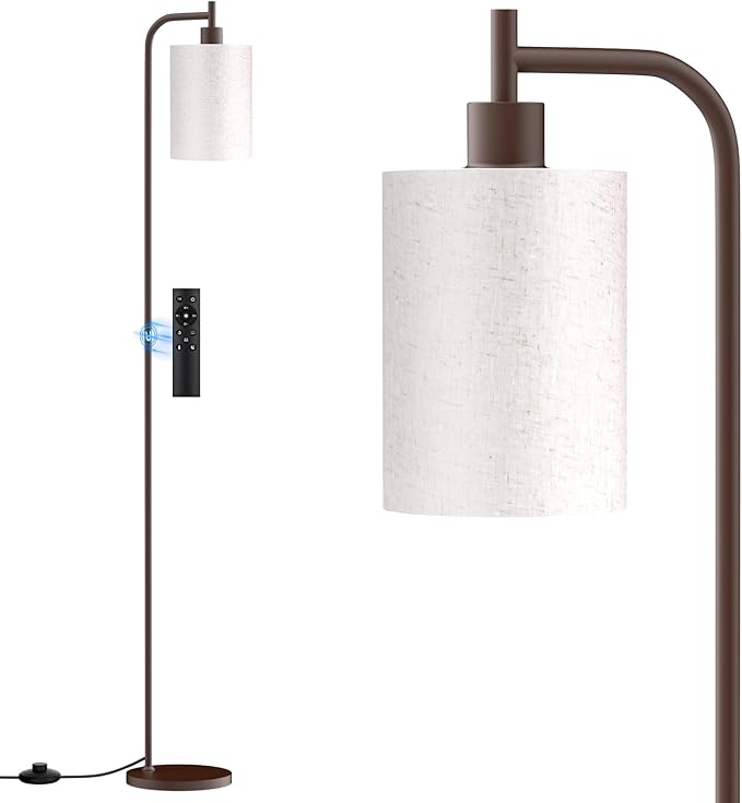 Floor Lamp with Linen Shade, Dimmable Tall Standing Lamp with Remote Control & 3 Color Temperatures, Modern Floor Lamps for Living Room Bedroom Office Corner, 9W LED Bulb Included