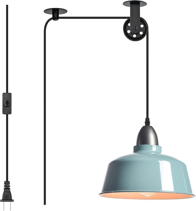 Plug in Pendant Light, Blue Farmhouse Hanging Lights with Plug in Cord, Pulley Hanging Lamp, Industrial Pendant Lights Fixture for Kitchen Island, Bedroom, Dining Room, Living Room, Office