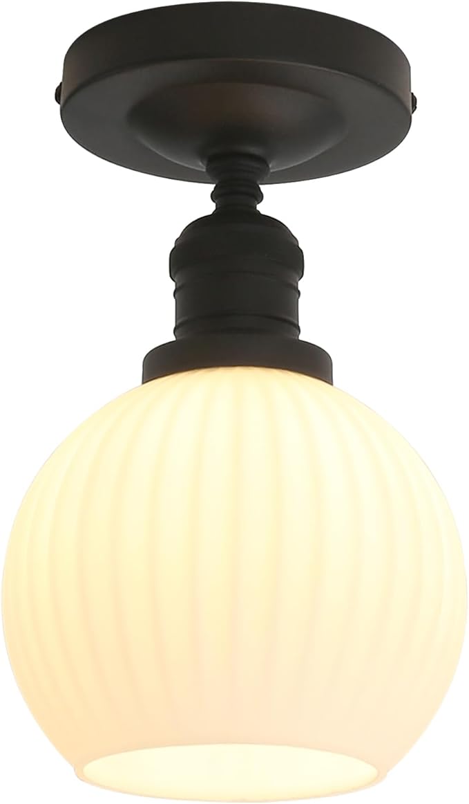 Industrial Globe Semi Flush Mount Pendant Ceiling Light with White Glass Lampshade, Vintage Close to Ceiling Light Fixture for Porch, Hallway, Entryway, Kitchen, Bedroom, Hotel