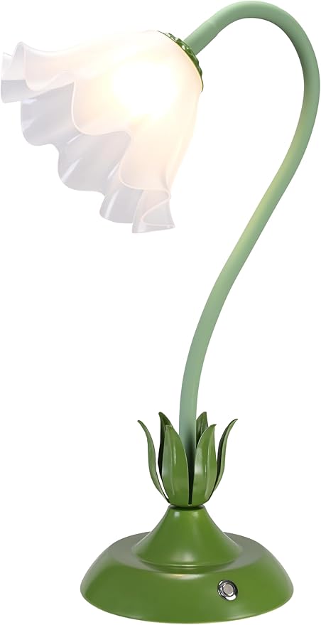 Cordless Flower Table Lamp Green, Valentine‘s Gift, 5200-mAh Rechargeable Touch Lamp, 3-Way Dimmable, Build-in Integrated LED 320 Lumen Max, for Nightstand Bedroom Living Room