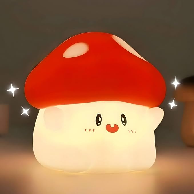 Mushroom Night Light Squishy Lamp, 50Hrs Battery Kids Nightlight, Tap Control, 30Min Auto-Off, Rechargeable Kawaii Bedside Lamp for Girls Room Decor, [Easter Gifts]