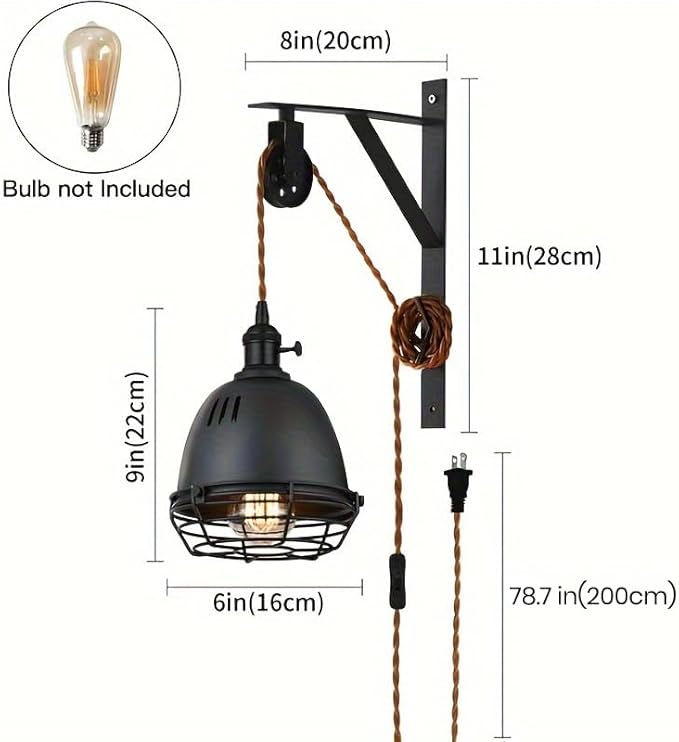 SEEBLEN Vintage Design Industrial Wheel Farmhouse Wall Mount Pulley Wall Pendant Lamp with 7-Foot Brown Plug and Switch, Adjustable Wall Sconce Sand Black Lampshade and Iron Cage Wall Light