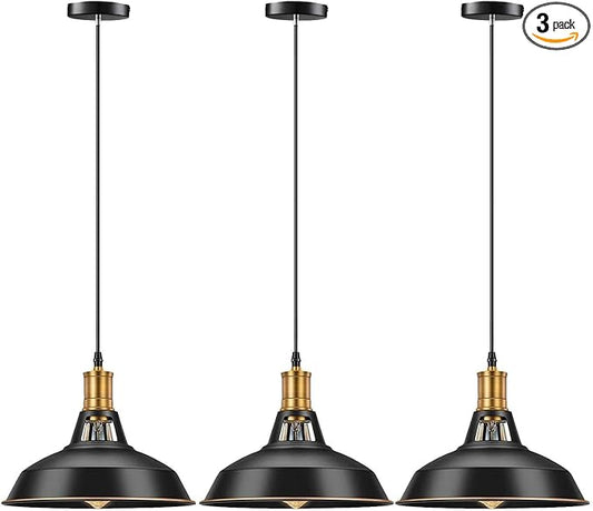 Pynsseu Farmhouse Style Industrial Pendant Light, Vintage Barn Hanging Pendant Lighting, Modern Pendant Lamp Fixture 3 Pack, Oil Rubbed Black Finish