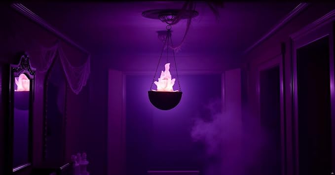 Aspen Creative 61168-25-1,LED Hanging Fire Flame Light Prop for Halloween,Christmas and Party Decor,Black Finish,Purple Flickering Light Effect