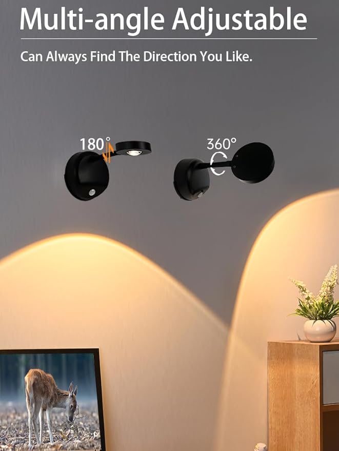 2200mAh Motion Sensor Picture Spotlight Painting Light, LED Wall Sconce, Night Light Lamp, Rechargeable Battery Operated 3 Color & Dimmable Magnetic 360° Rotation with Remote (Black, 1 Pcs)