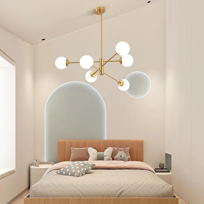 Sputnik Chandelier, Gold Modern Chandeliers, Mid Century Ceiling Lighting Fixture 6-Lights with Milk White Glass Shade for Living Room, Kitchen, Bedroom, Dining Room, and Farmhouse