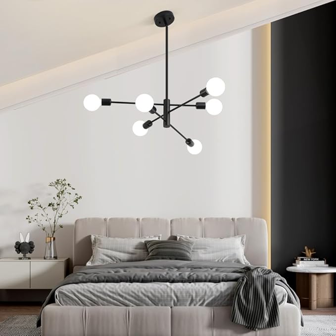 Sputnik Chandelier, Black Modern Industrial Chandeliers 6-Light, Mid Century Ceiling Lighting Fixture for Living Room, Kitchen, Bedroom, Dining Room, Farmhouse