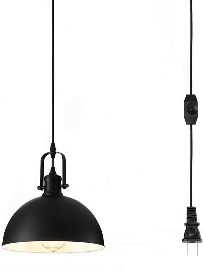 Plug in Pendant Light, Matte Black Haning Light with 19.68 ft Cord, Dimming Switch, Metal Farmhouse Hanging Lamps for Living Room, Kitchen, Dining Room, Bedroom 9.84"
