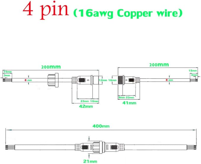 4 Wire Plug Connector,16AWG Male Female Plug LED Connector with IP65 Waterproof Wire Connectors,20CM Extension Cable for Car,LED Strip Lights.
