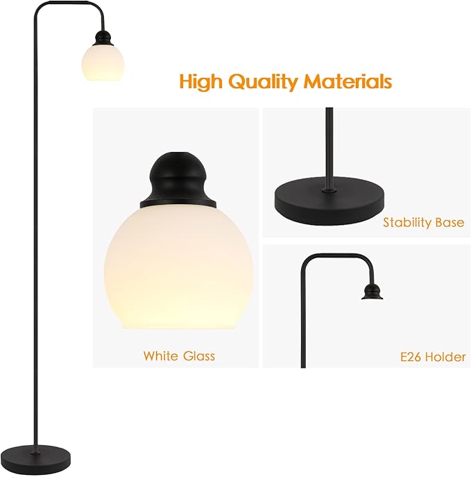 Modern Floor Lamp for Living Room, Black, with 3 Color Temperatures LED Bulb, Industrial Design, 63.2 in H, White Glass Shade, E26 9W A19 LED Bulb Included